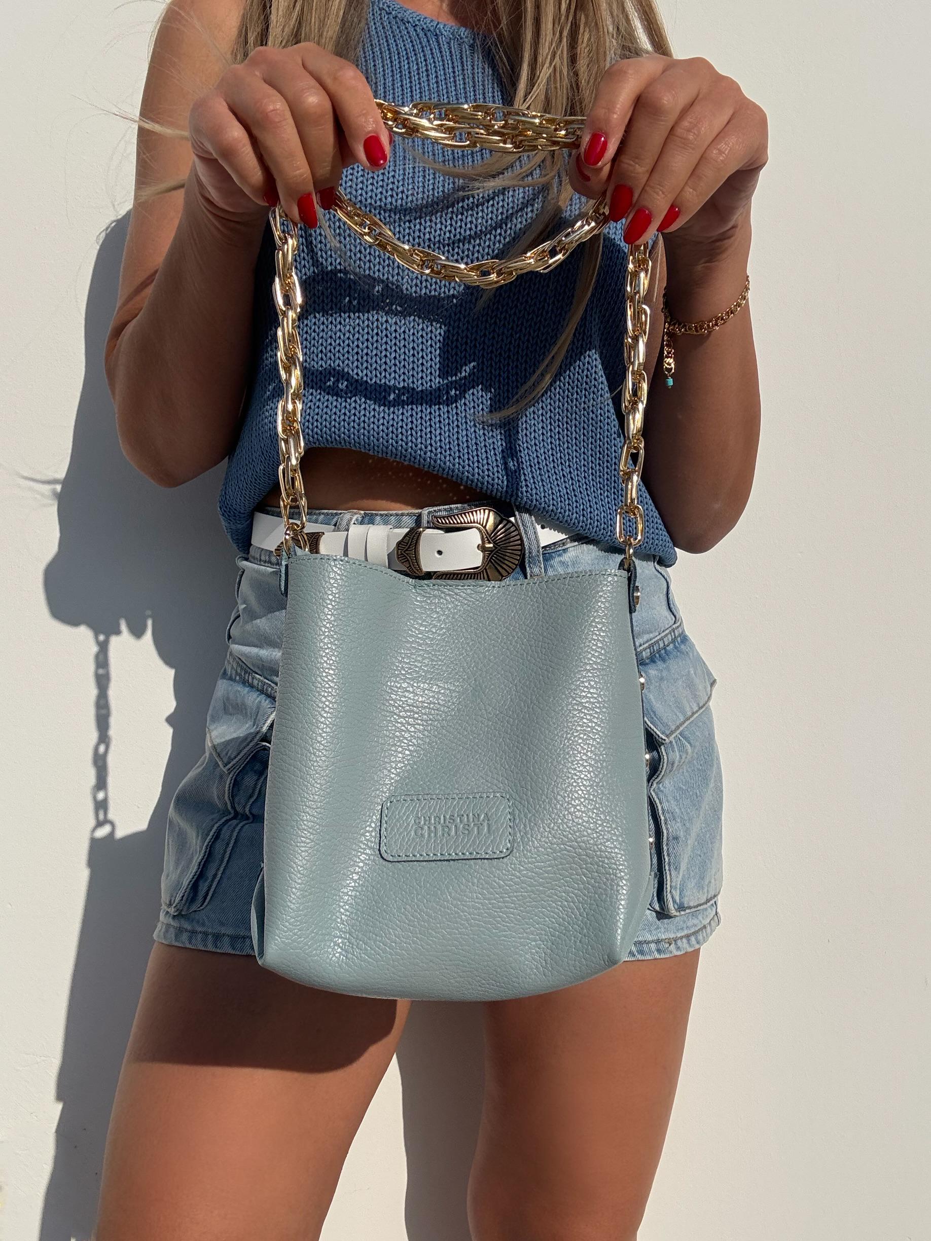 Handmade Blue Leather Bucket Bag Women Purse Gold